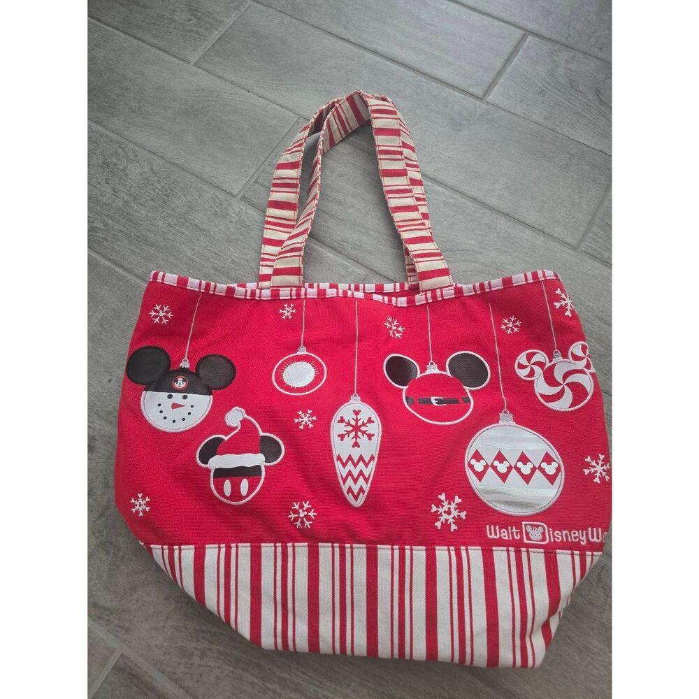 Disney World Parks Christmas Tote Bag Canvas Red White Holiday‎ Mickey Minnie